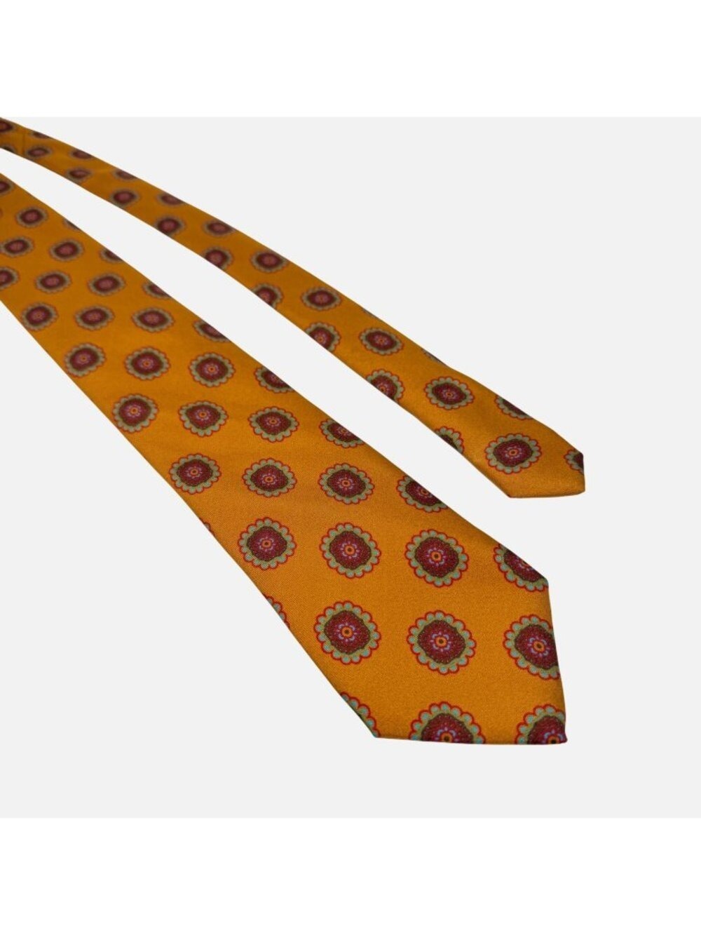 Peter Millar Woven Silk Tie Gold Orange Medallion Necktie Italy Luxury 63in Long